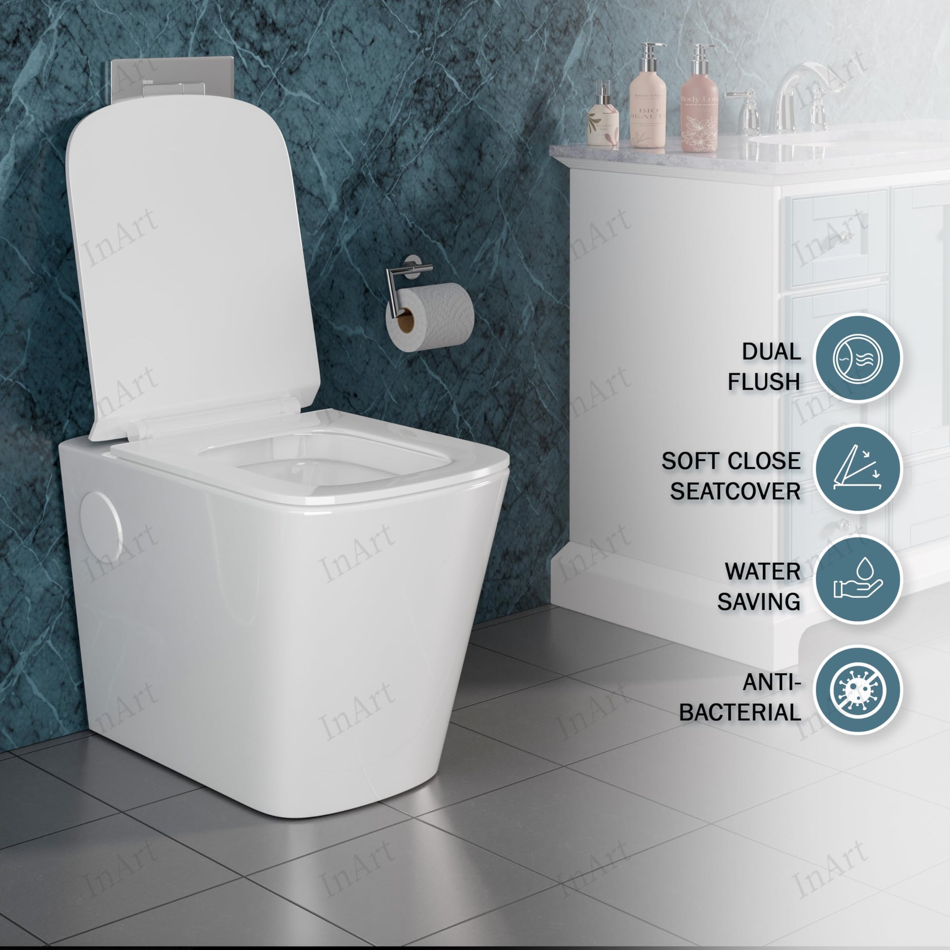 InArt one piece closet P trap, glossy white ceramic commode with smooth finish for contemporary washroom