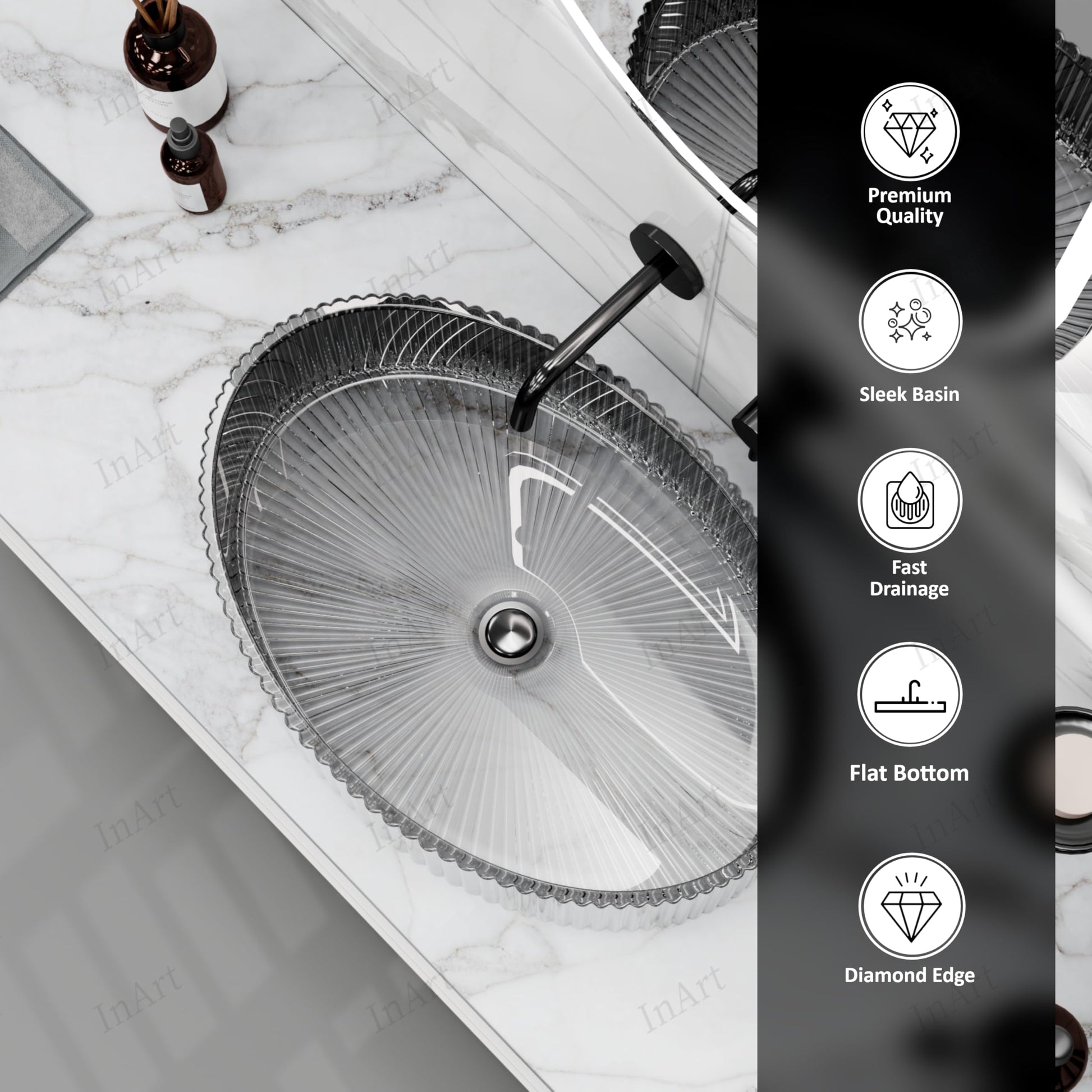 InArt glass wash sink, black silver finish, transparent wash basin