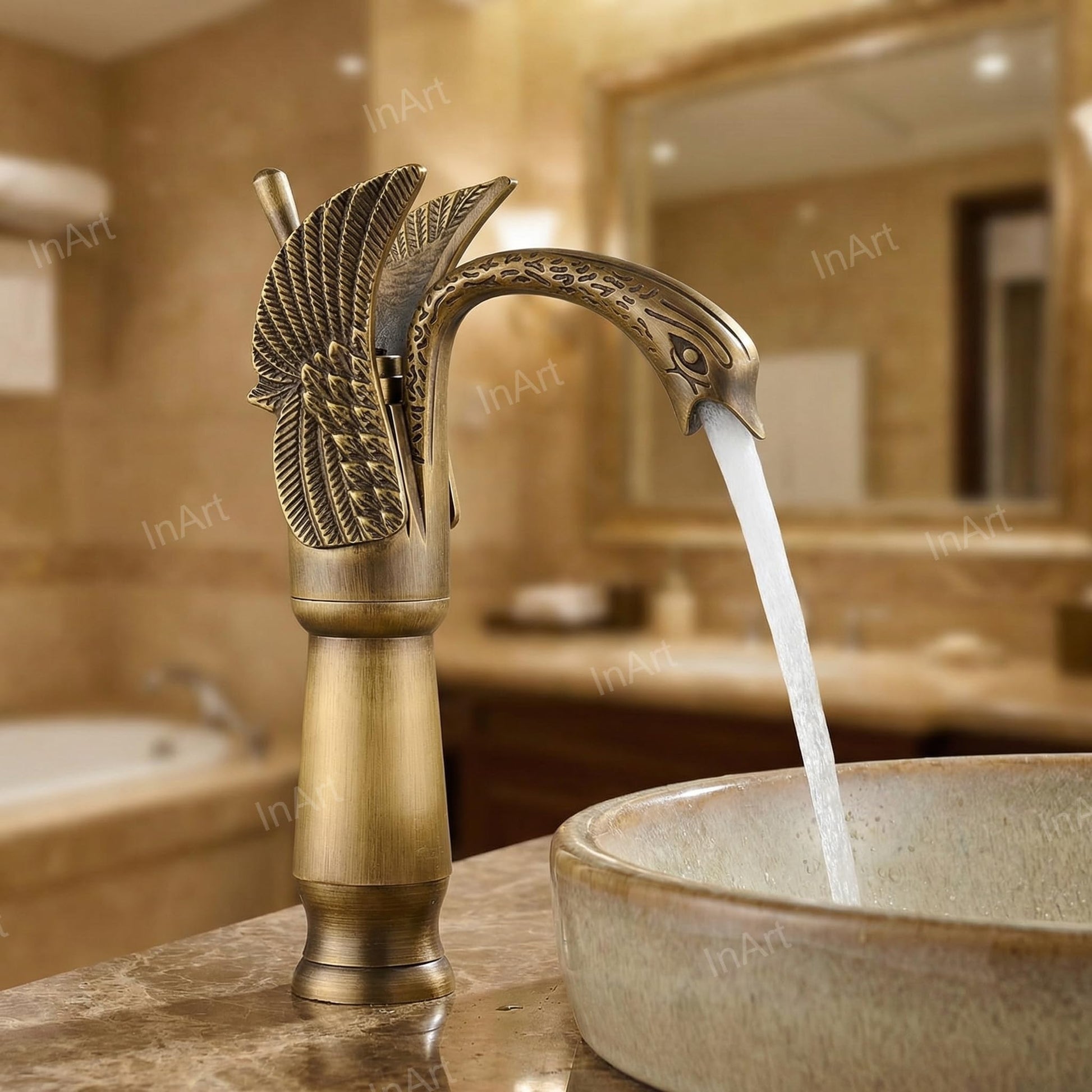 InArt swan neck basin tap spout detail in antique brass, smooth water outlet for modern bathroom wash basin