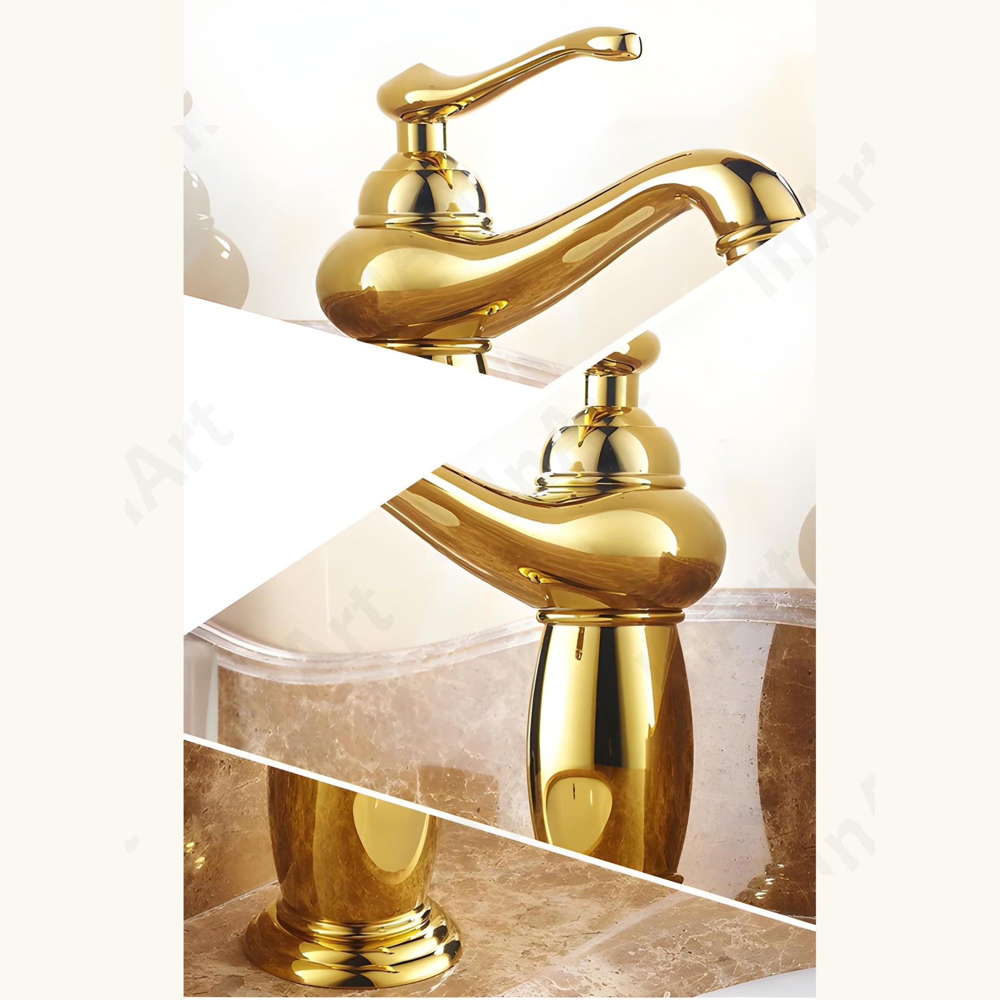 InArt premium sanitaryware wash basin mixer tap with smooth single lever control and waterfall flow, gold brass finish