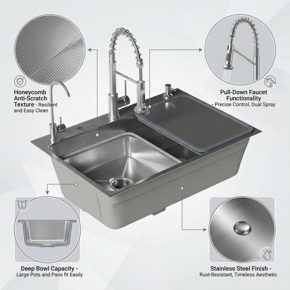 InArt deep single bowl kitchen sink 22 cm in 304 stainless steel, rectangular modern silver honeycomb finish