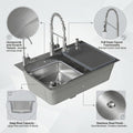 Kitchen sink SS 304 single bowl with pull down tap set, angled view showing matte honeycomb anti-scratch finish