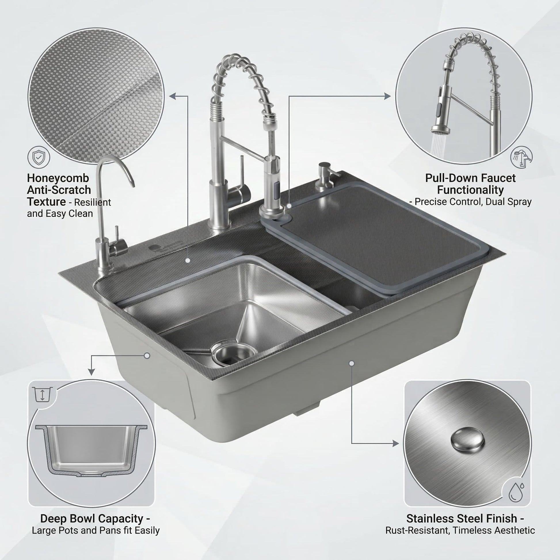 Kitchen sink SS 304 single bowl with pull down tap set, angled view showing matte honeycomb anti-scratch finish