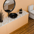 Table top basin design with cabinet setup idea, round matte black wash basin on vanity for bathroom
