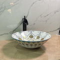 Buy table top wash basin online India, InArt round ceramic basin 40.5 cm, blue yellow patterned
