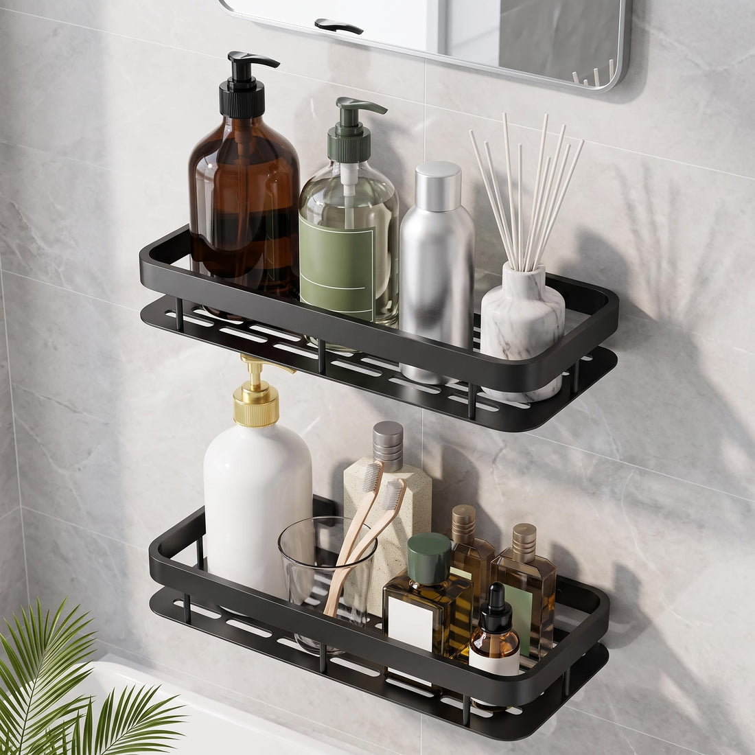 Matte black aluminium wall mounted bathroom shelf set of 2 with drainage slots