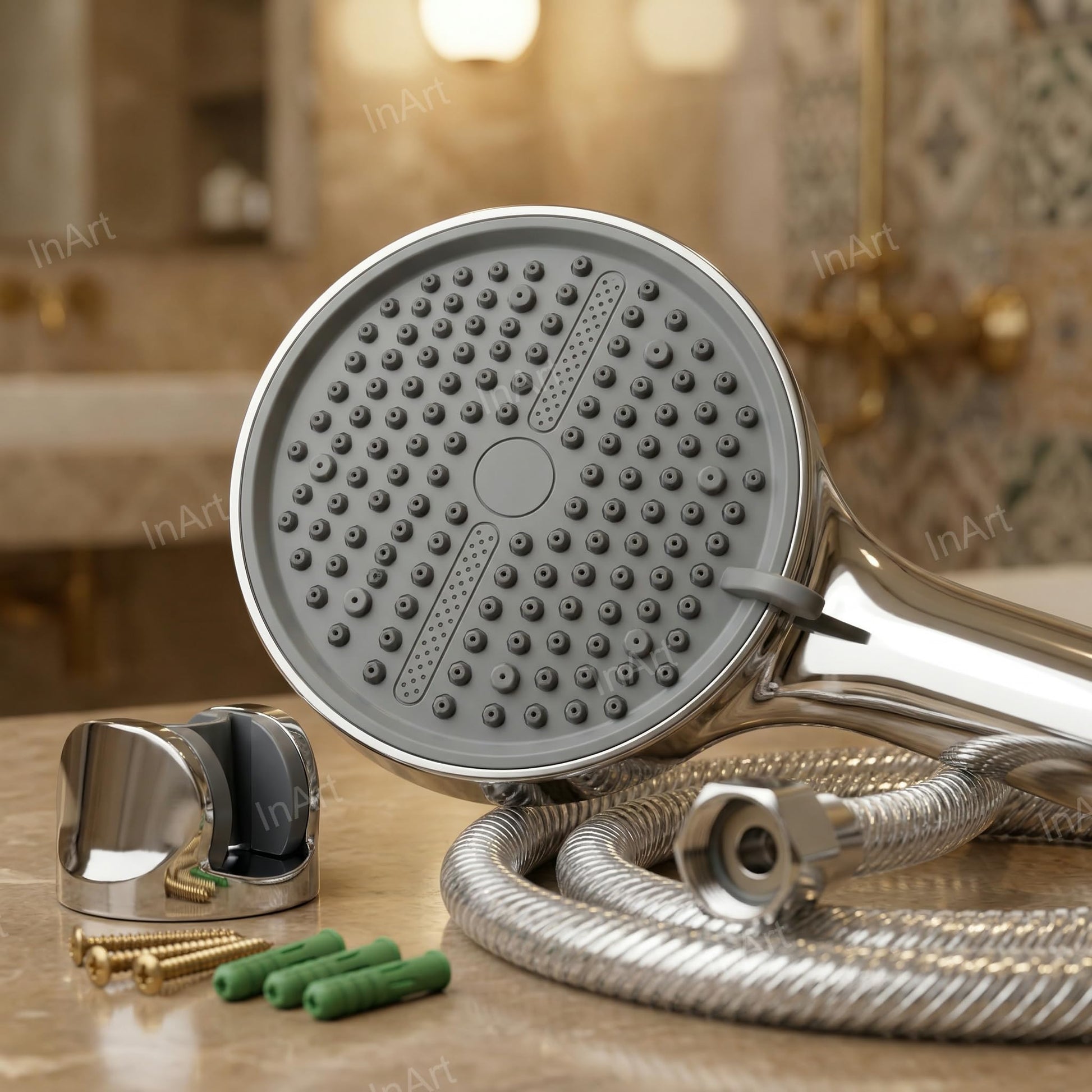 Wall mount hand shower with 1.5 metre flexible tube and hook, chrome ABS round handset for washroom