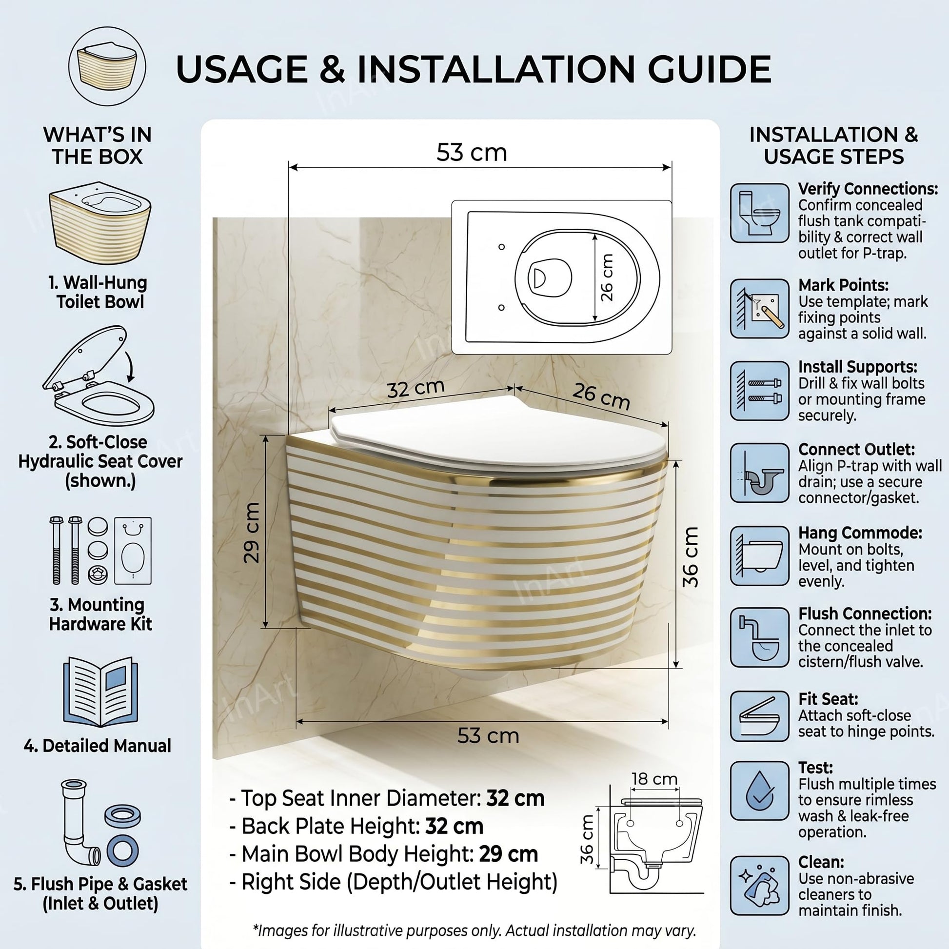InArt ceramic wall mounted WC rimless bowl close-up, easy clean design for Indian bathrooms