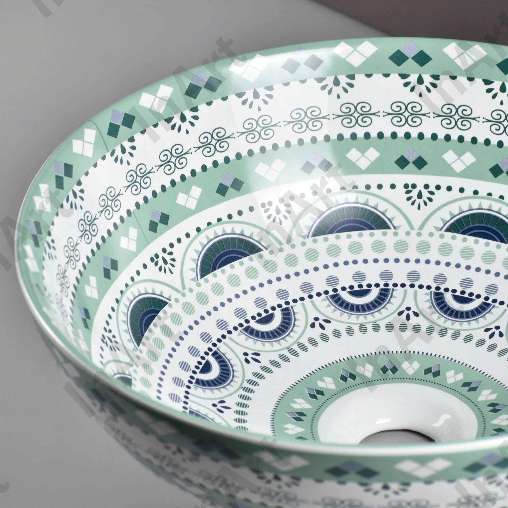 Round light blue table top wash basin for dining room wash area, premium ceramic basin table design