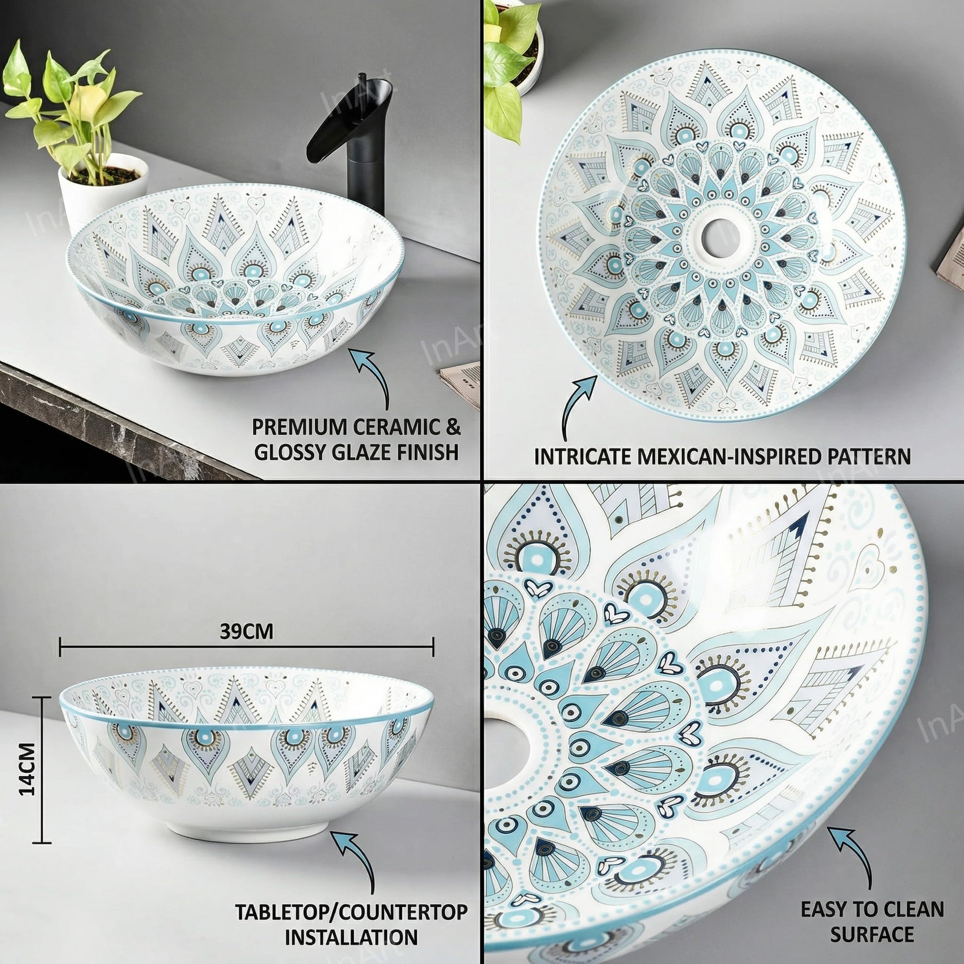 Table top wash basin design for bathroom, round ceramic light blue glossy basin side angle