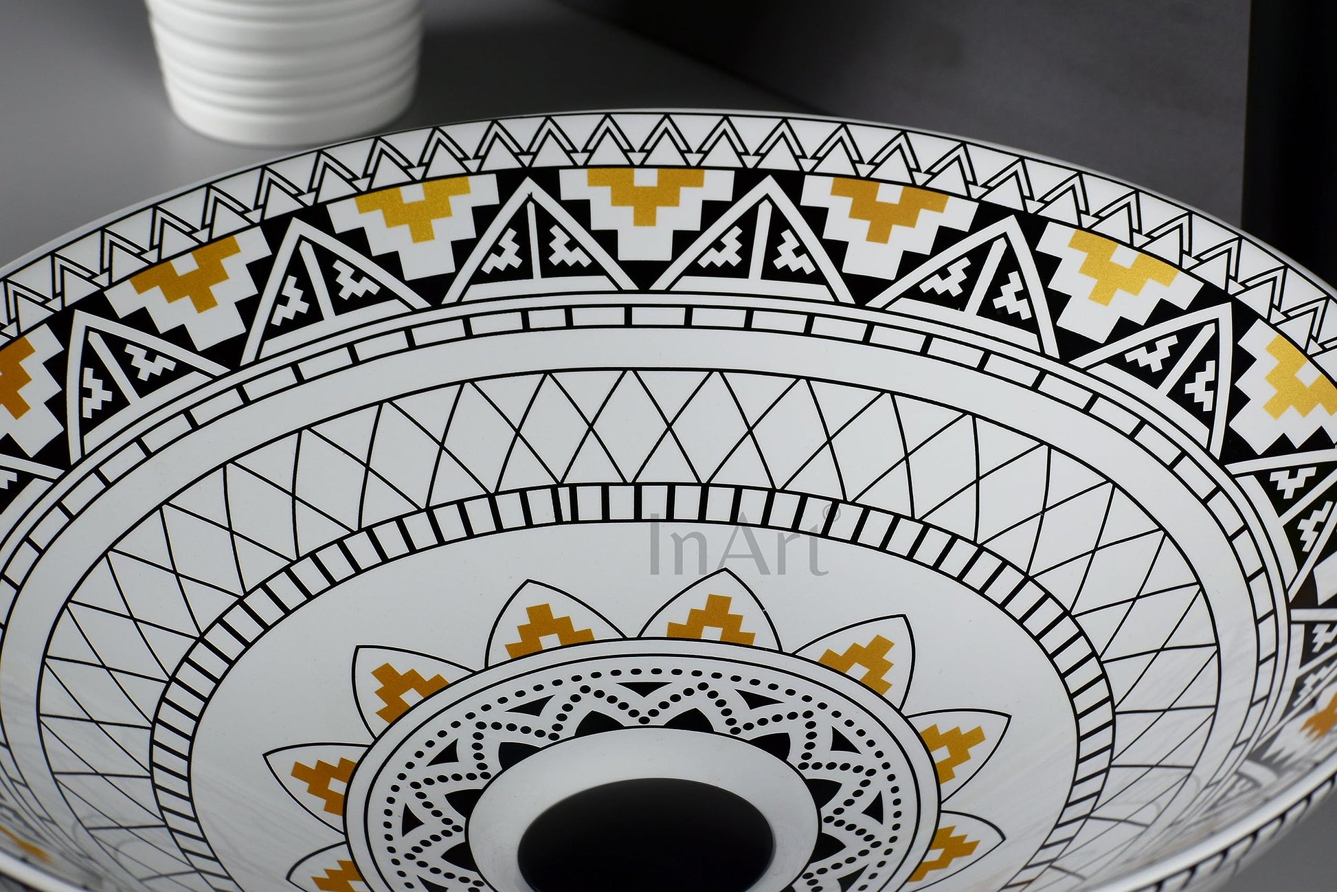 Modern table top wash basin design in glossy yellow Mexican pattern ceramic, side angle view
