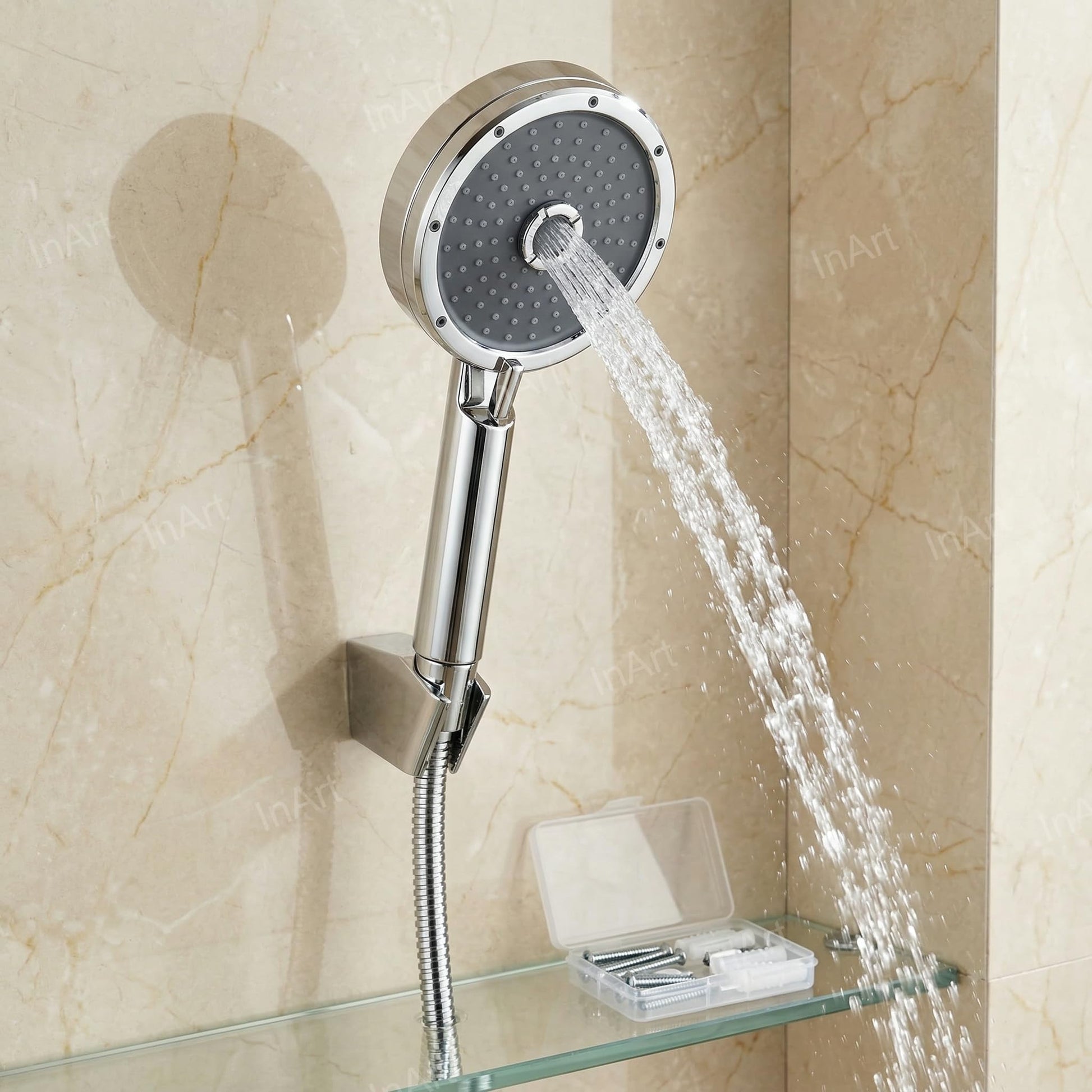 InArt shower set with hand shower and wall hook, easy-clean silicone nozzles detail in chrome finish