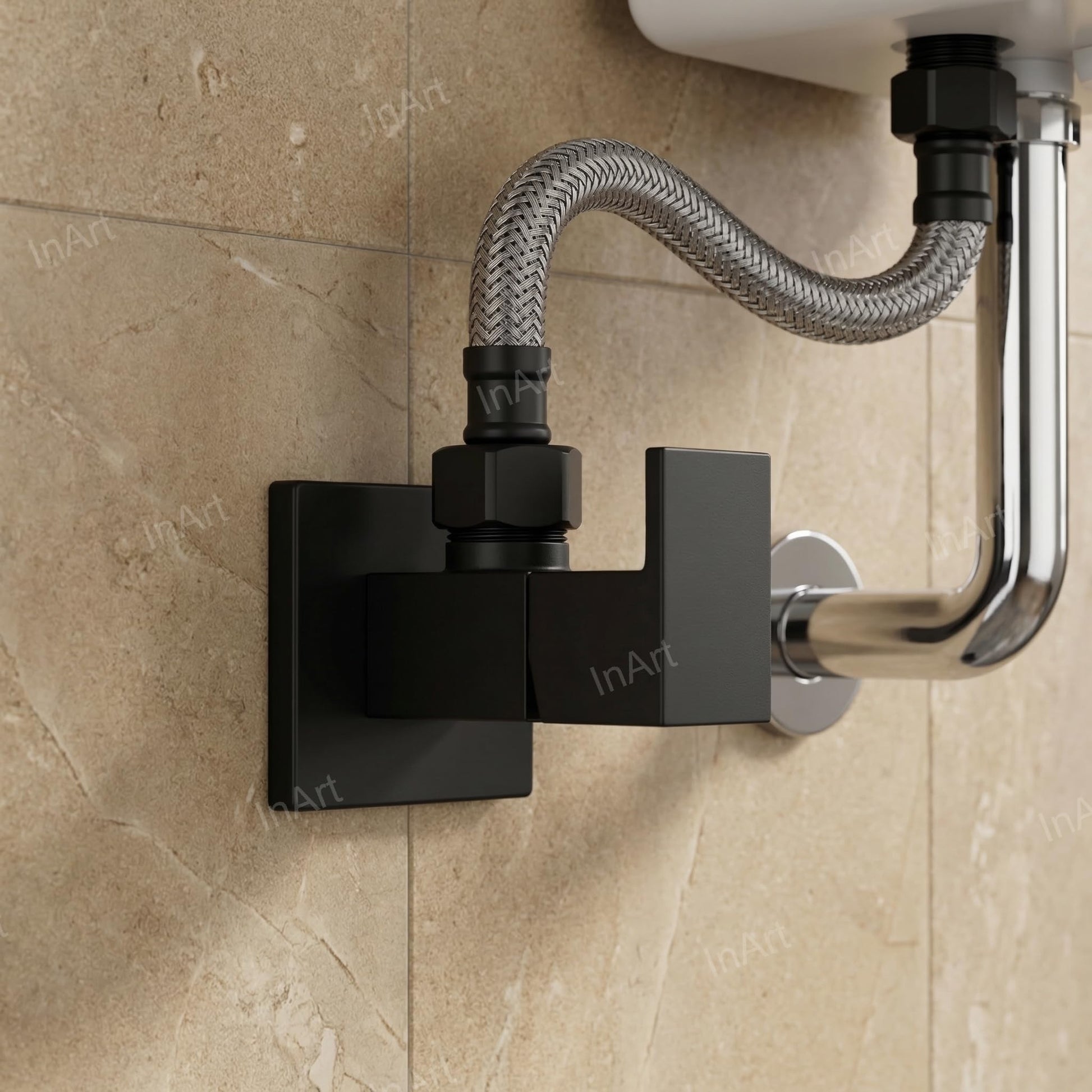 Angle valve for table top basin, concealed matte black brass angle cock with flange, leak proof quarter turn