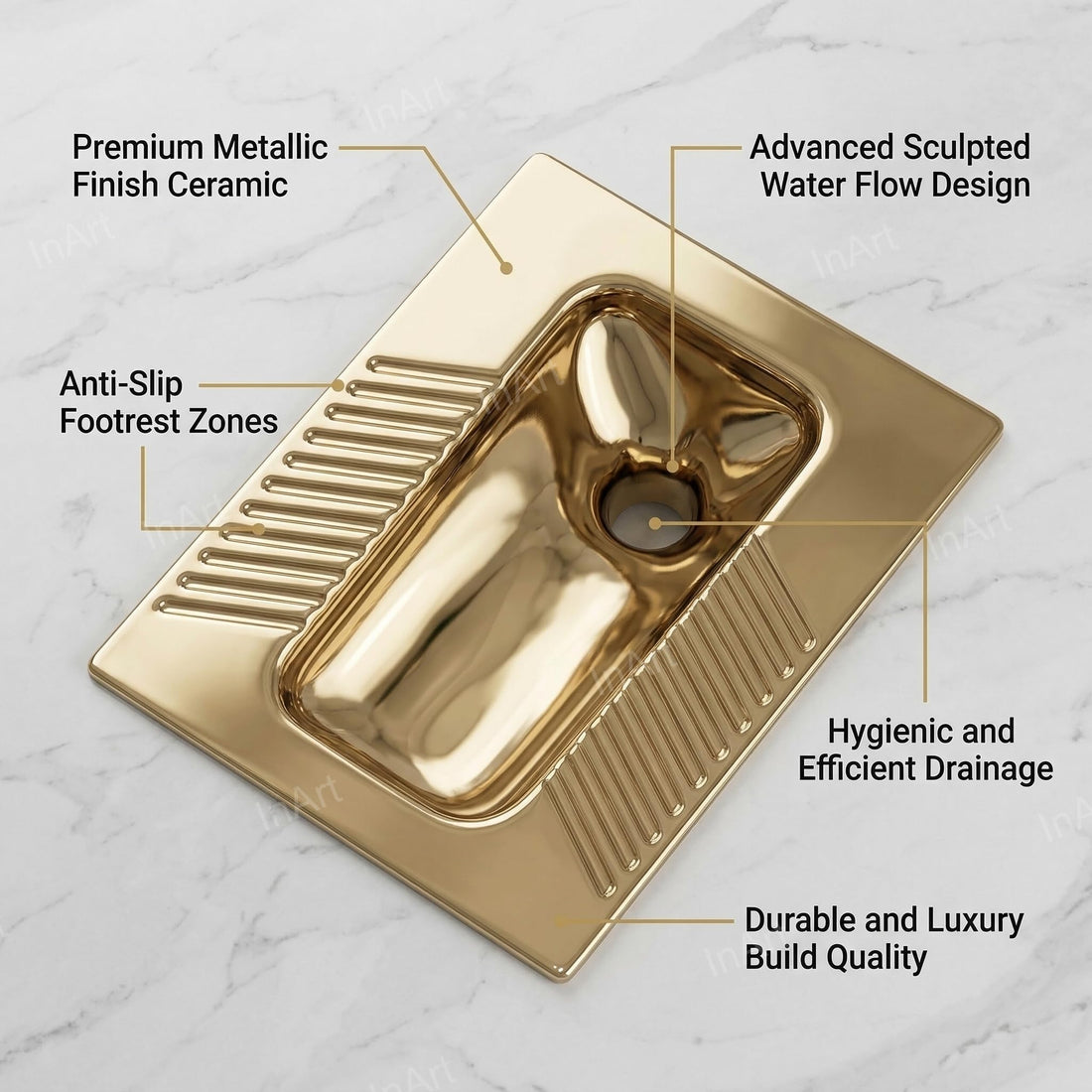 Gold ceramic Orissa pan squat toilet, rectangular floor mounted design