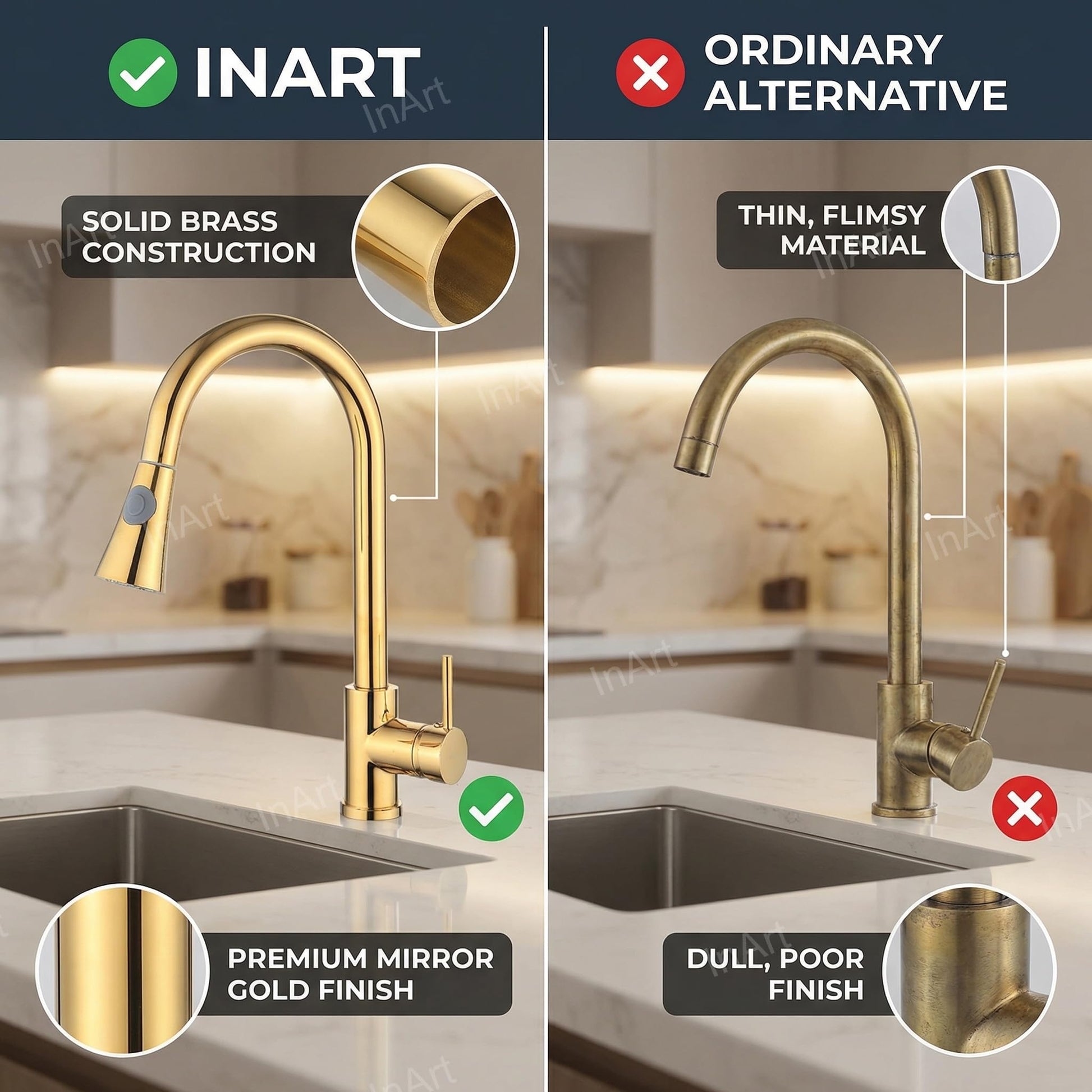 Tap with spray for Indian kitchen sink, InArt gold brass mixer tap installed on countertop