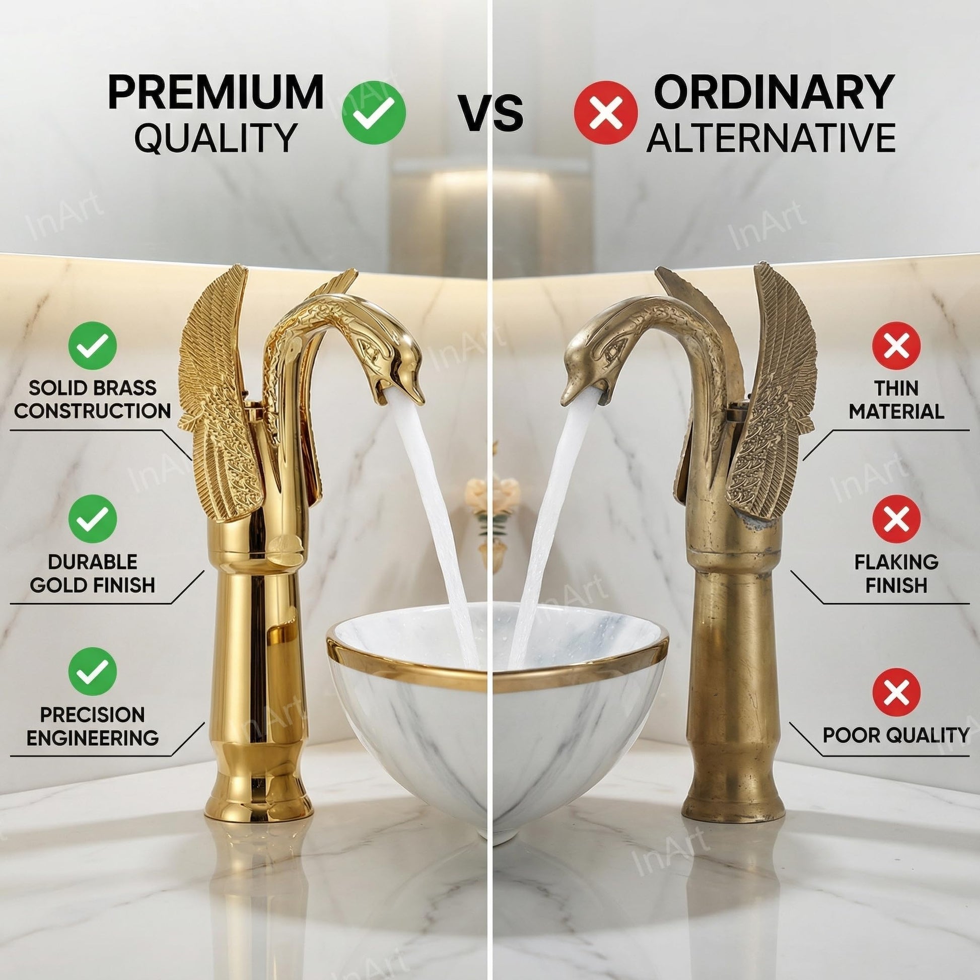 Single lever basin mixer tap with hot and cold lines, golden brass swan neck design for washroom basin
