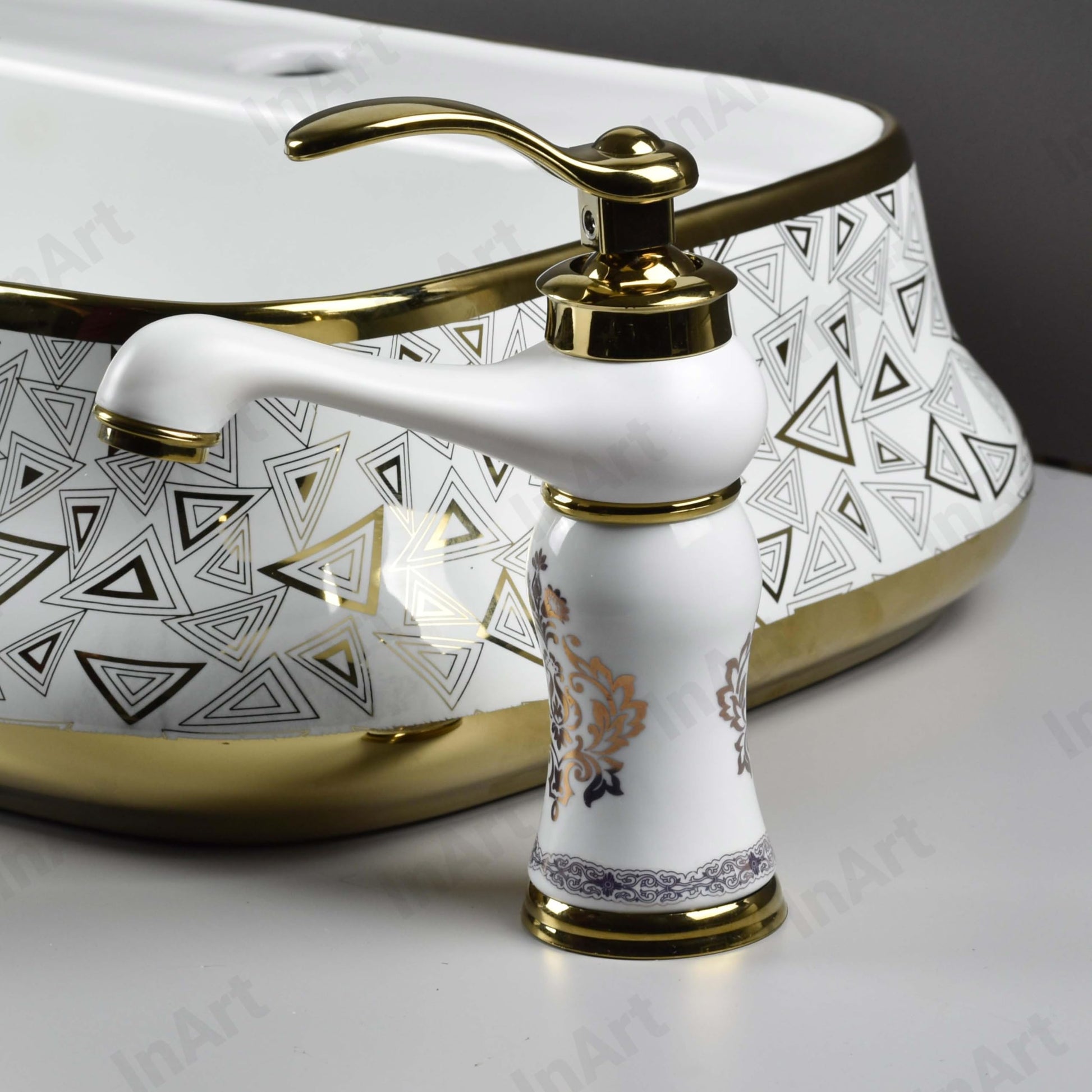 Top view of wash basin mixer tap deck mount base, zinc alloy body in gold white glossy finish