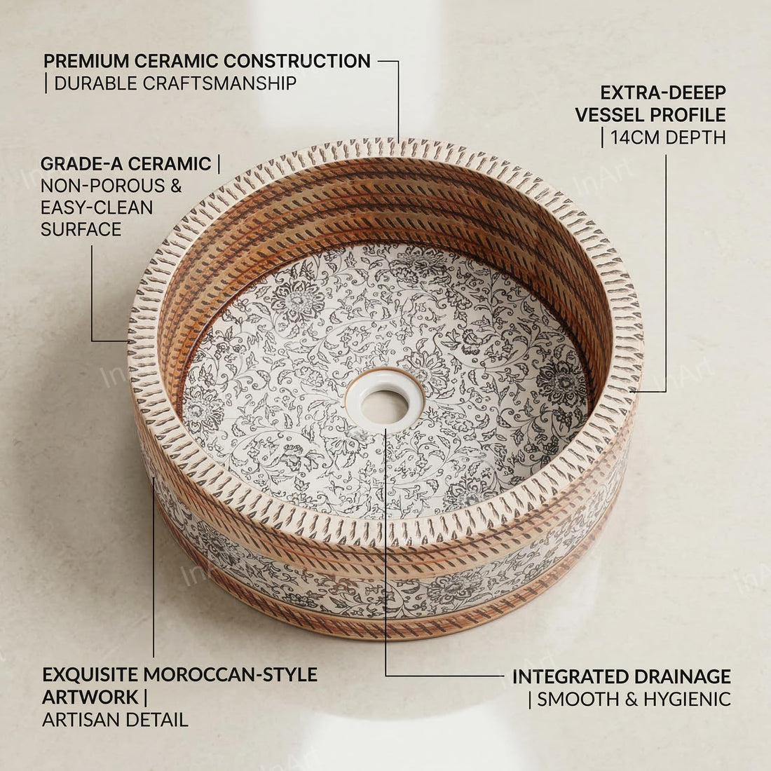 Round ceramic table top wash basin with multicolour Moroccan art pattern, satin finish