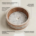 Counter top wash basin top view showing round shape and decorative multicolour design