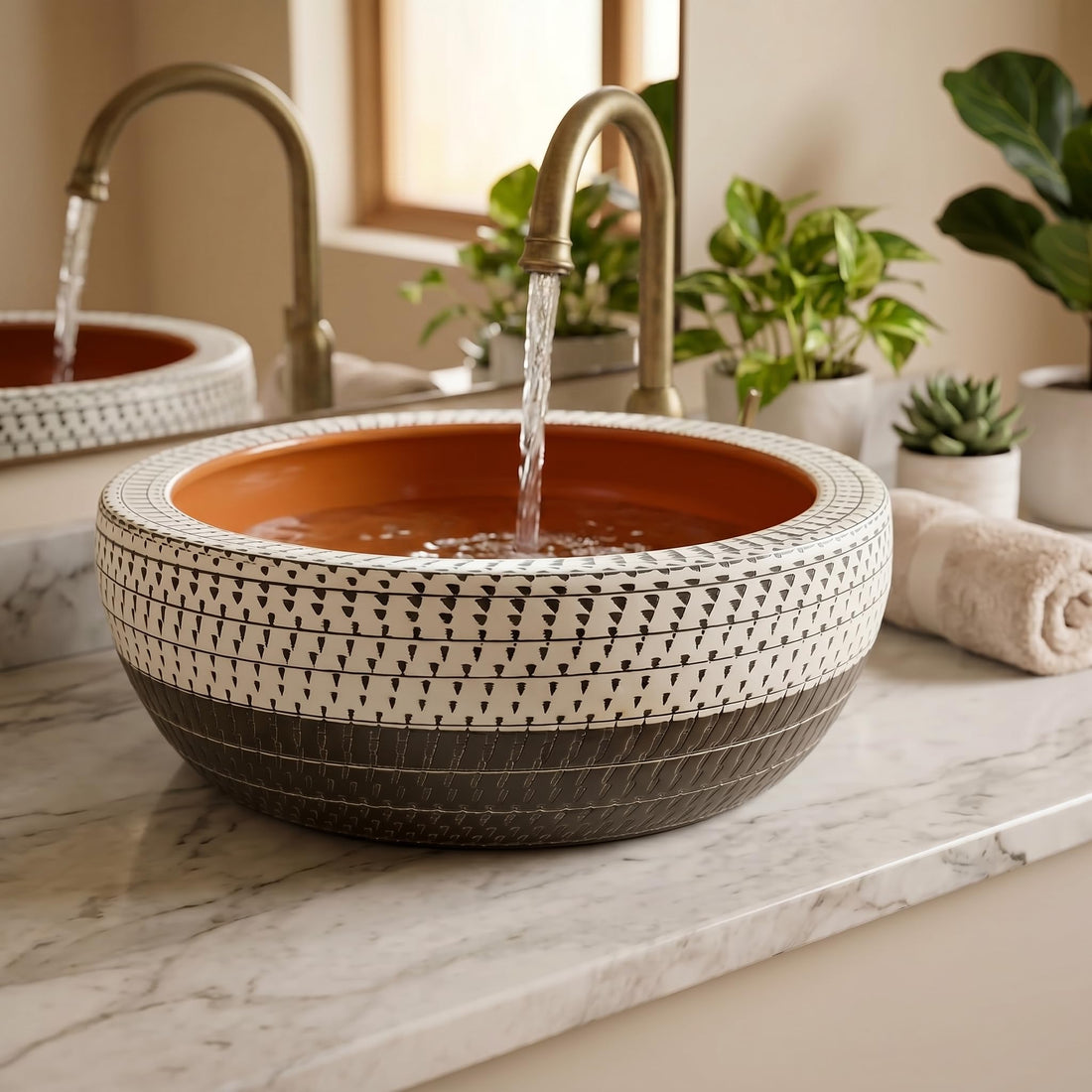 InArt modern table top wash basin, matte brown round ceramic 40 cm, main front view