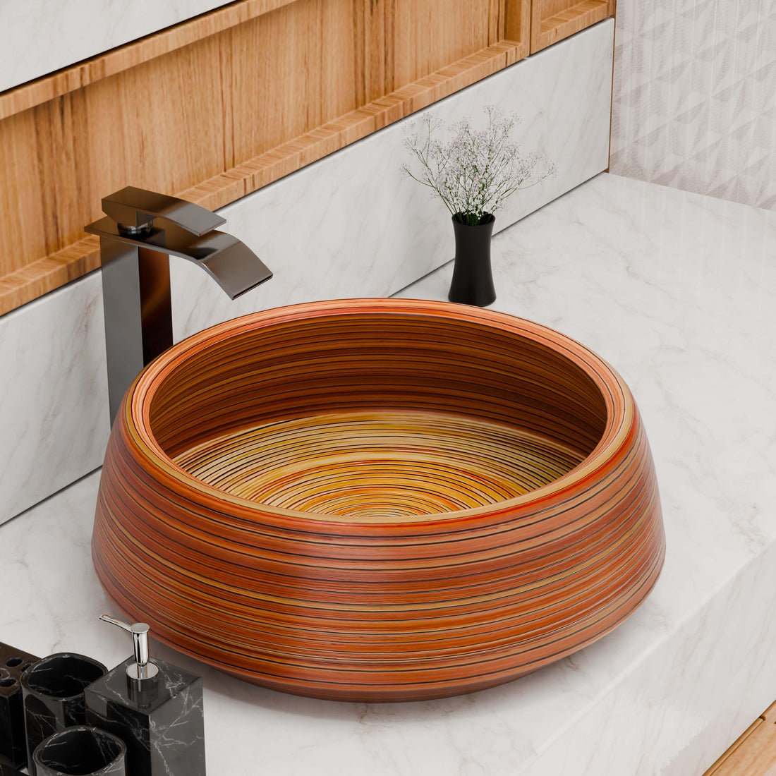 InArt ceramic square table top wash basin with cabinet look, wooden brown finish, 42x42 cm main view