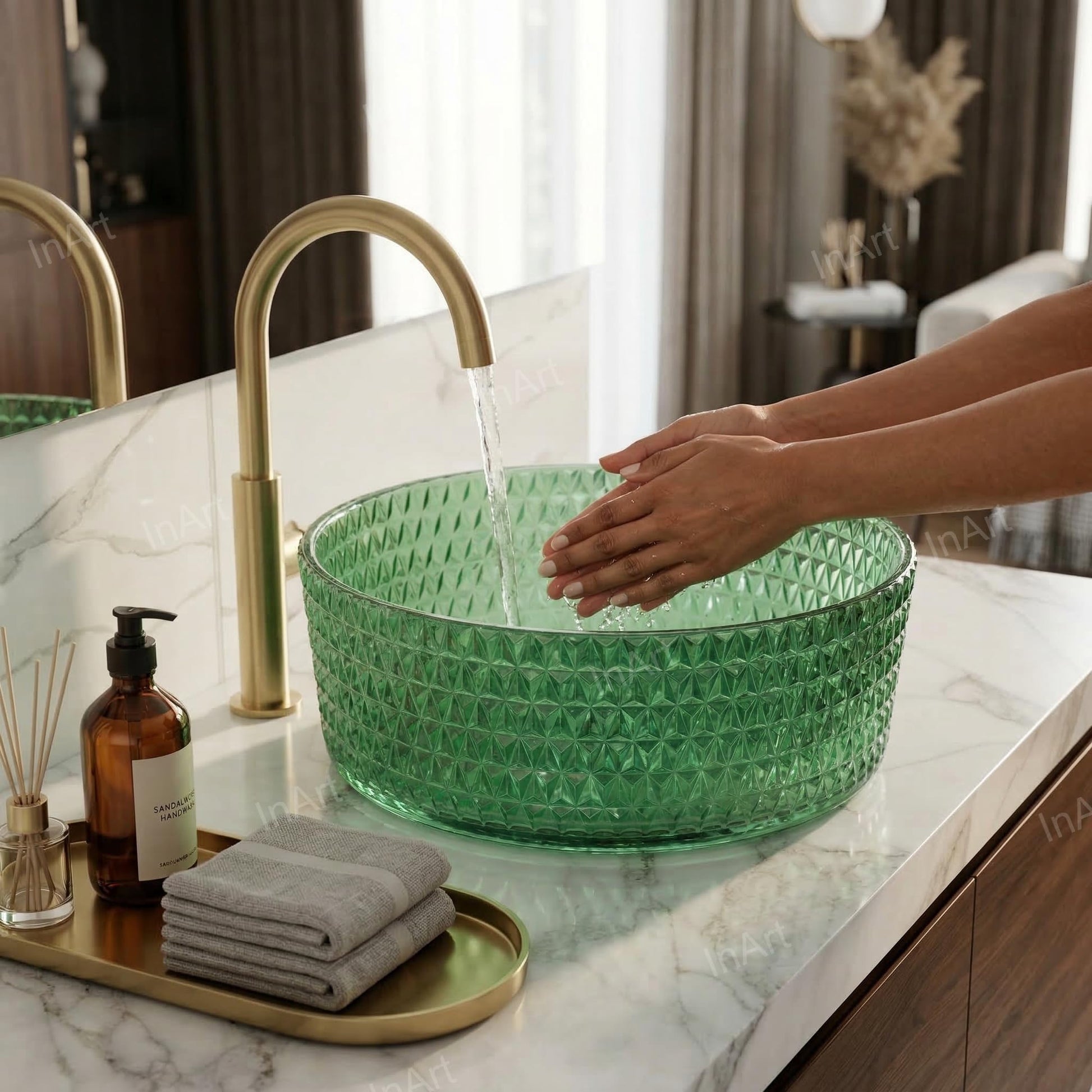 InArt green glass wash basin with light-reflective glossy finish, premium tabletop basin for bathroom