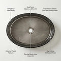 Designer black glass wash basin oval tabletop, 3/4 angle view with glossy finish