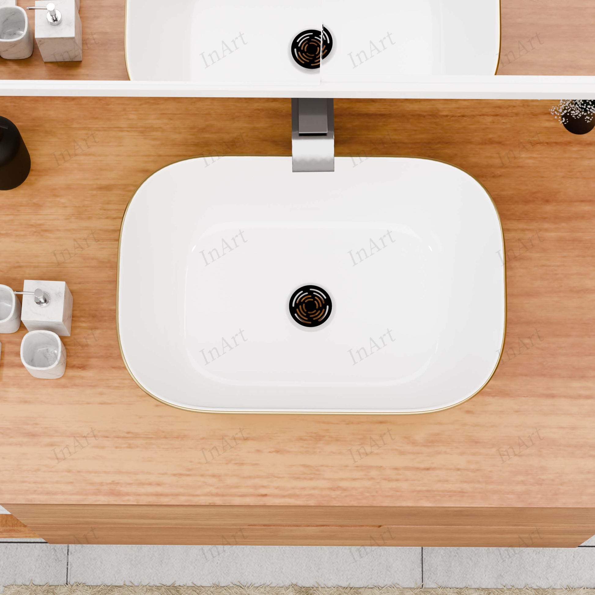 Wash basin table design with above countertop sink look, gold rectangular ceramic table top basin for bathroom