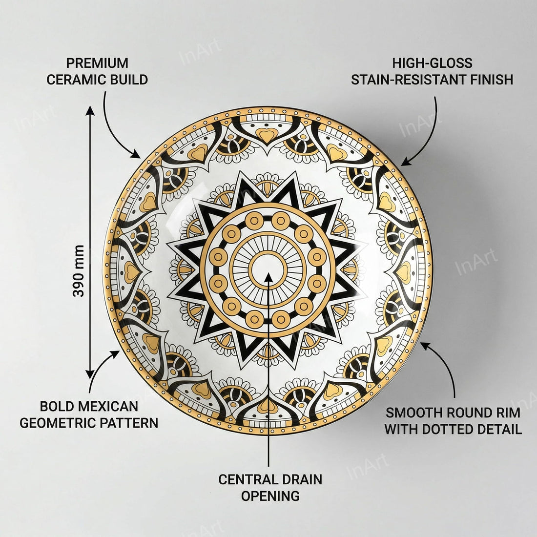 InArt cera table top wash basin, round ceramic yellow Mexican pattern, glossy finish, main view
