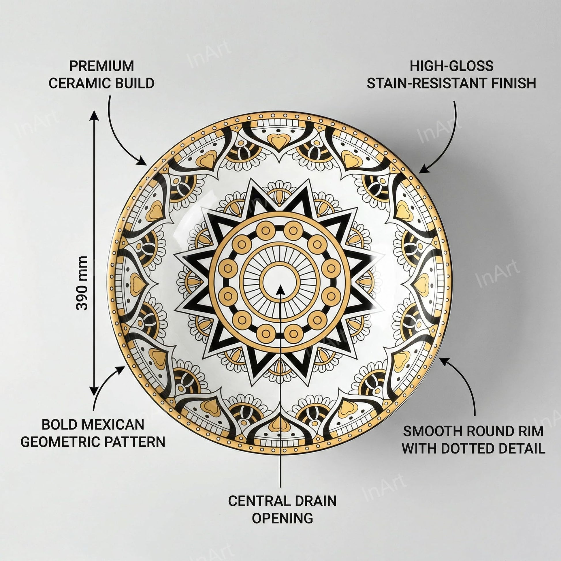 InArt modern table top wash basin design in yellow glossy ceramic, round shape, angled view