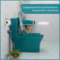 Compact washdown one piece closet with dual flush, green glazed ceramic commode, rear angle view