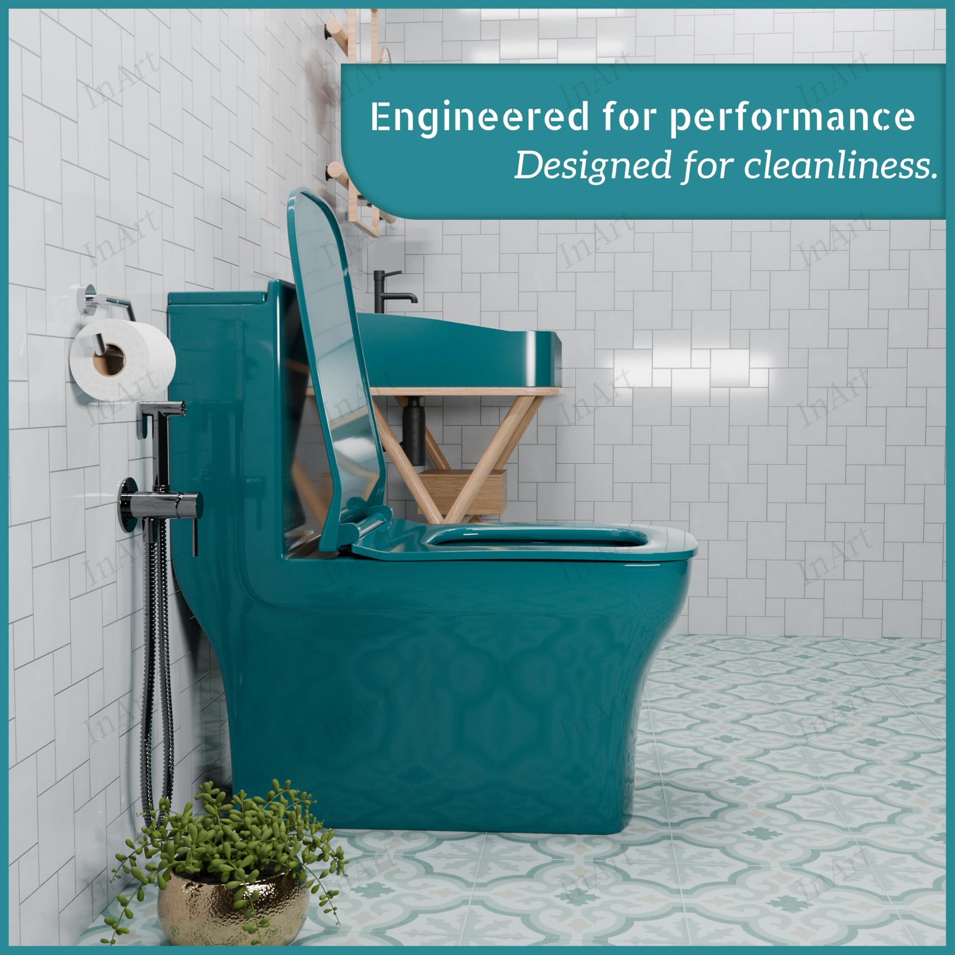 Compact washdown one piece closet with dual flush, green glazed ceramic commode, rear angle view