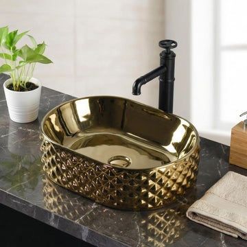 Wash basin online: InArt glossy gold ceramic oval table top wash basin 45x34cm, front view