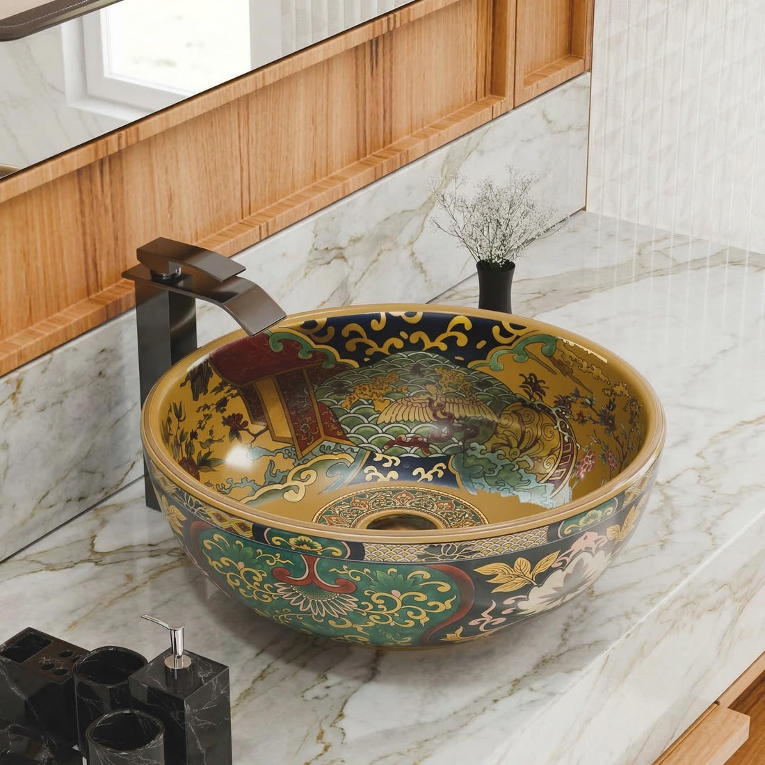 Countertop wash basin design by InArt, round ceramic table top basin with glossy multicolour Moroccan pattern