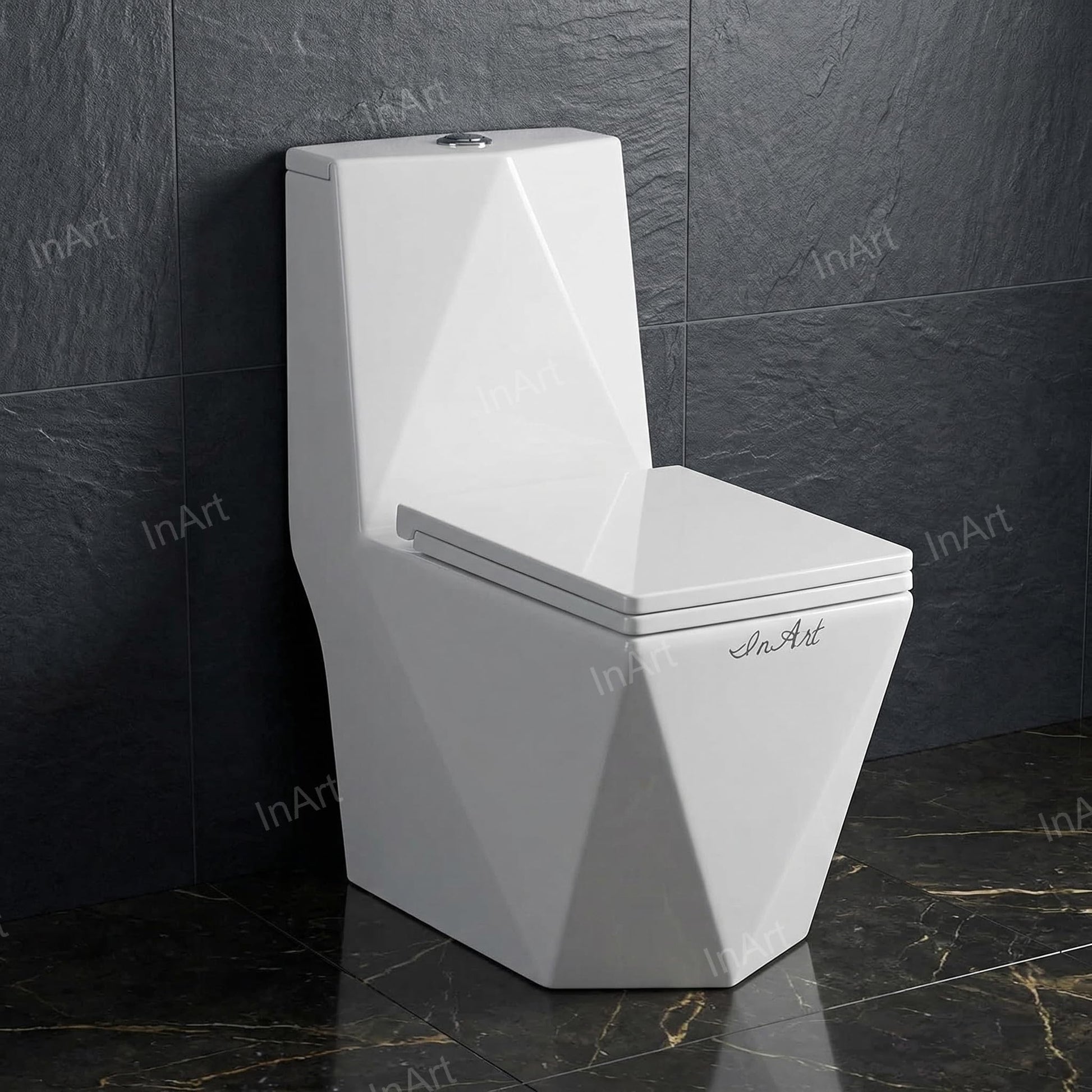 S trap western toilet 9 inch floor outlet detail on glossy white one piece ceramic commode