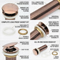 Table top wash basin waste coupling shown from side angle, rose gold brass pop-up waste kit 32 mm