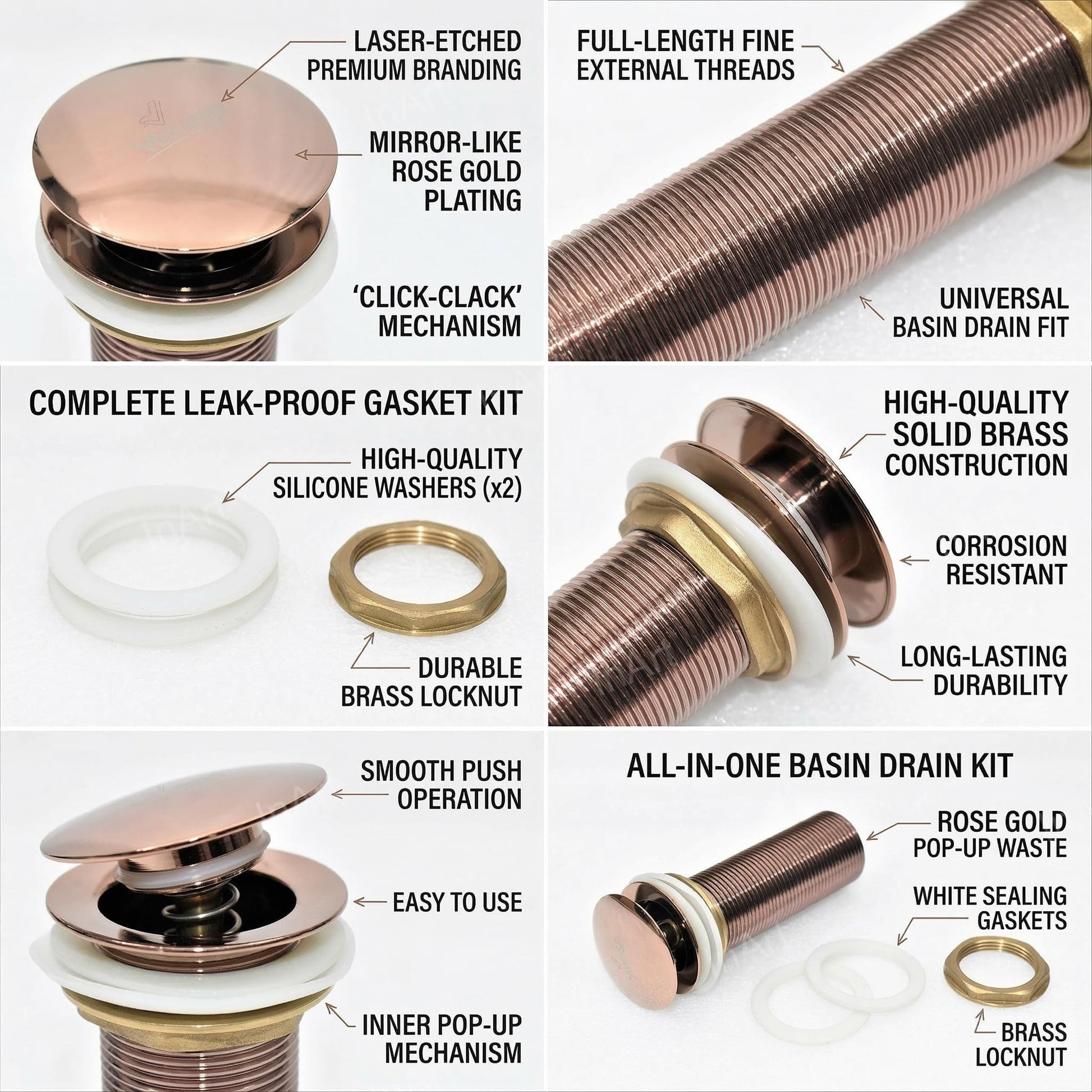Table top wash basin waste coupling shown from side angle, rose gold brass pop-up waste kit 32 mm