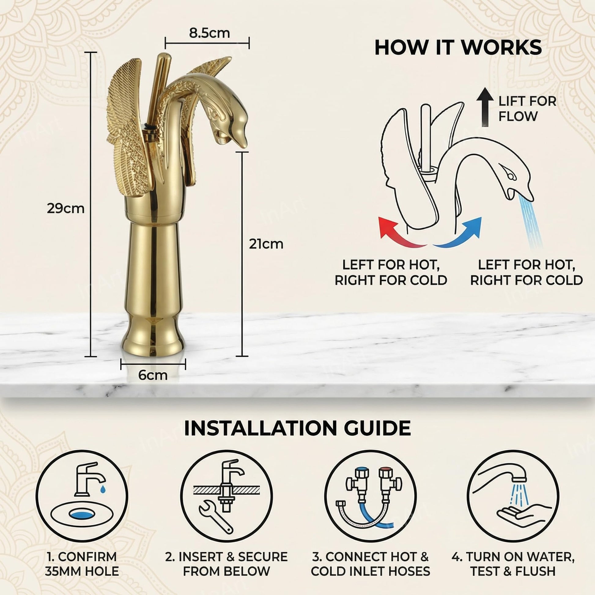 InArt tall body basin mixer tap in golden finish fitted on wash basin, premium bathroom interior look