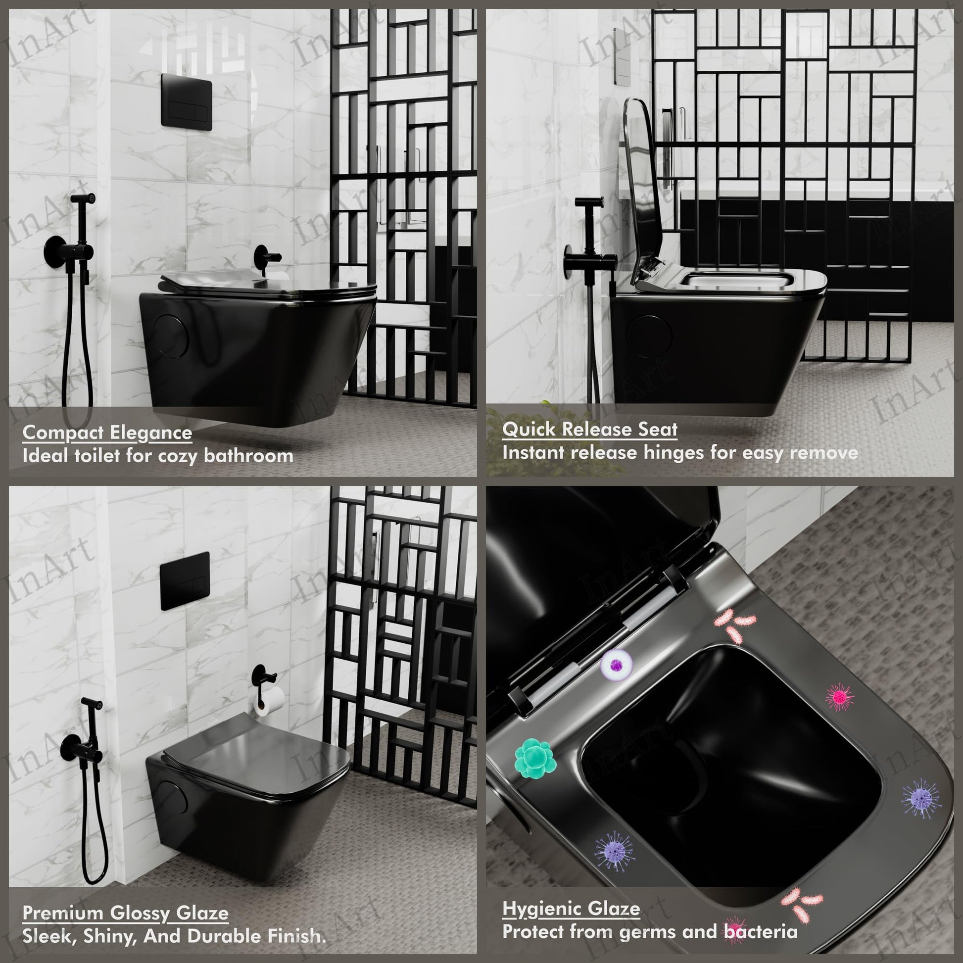 InArt ceramic wall hung western toilet commode, rimless oval design in black glossy finish for compact bathrooms