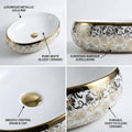 Modern contemporary bathroom sink, glossy white oval table top wash basin with golden rim, 3/4 view