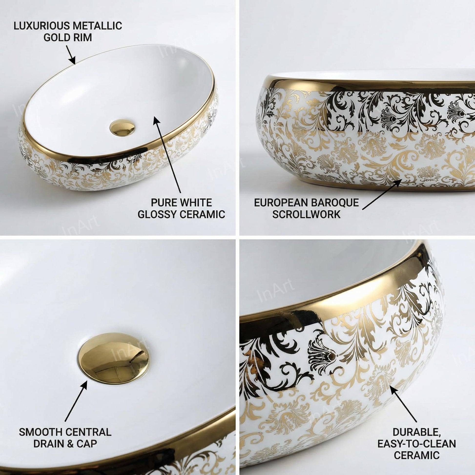 Modern contemporary bathroom sink, glossy white oval table top wash basin with golden rim, 3/4 view