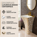 InArt one piece pedestal wash basin, glossy gold white rectangular ceramic, side angle for modern bathroom