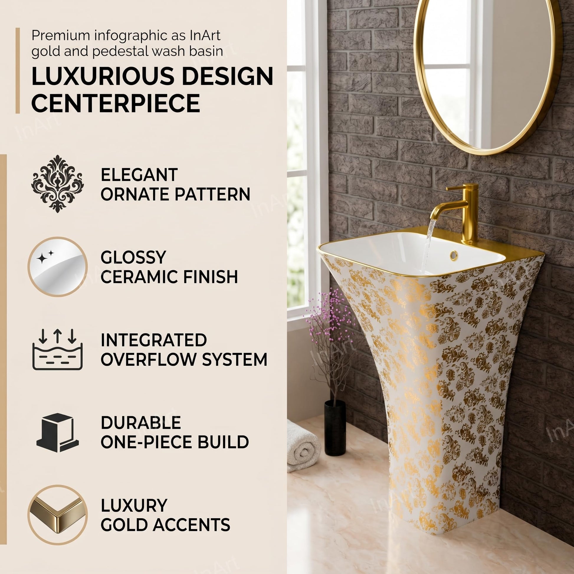 InArt one piece pedestal wash basin, glossy gold white rectangular ceramic, side angle for modern bathroom