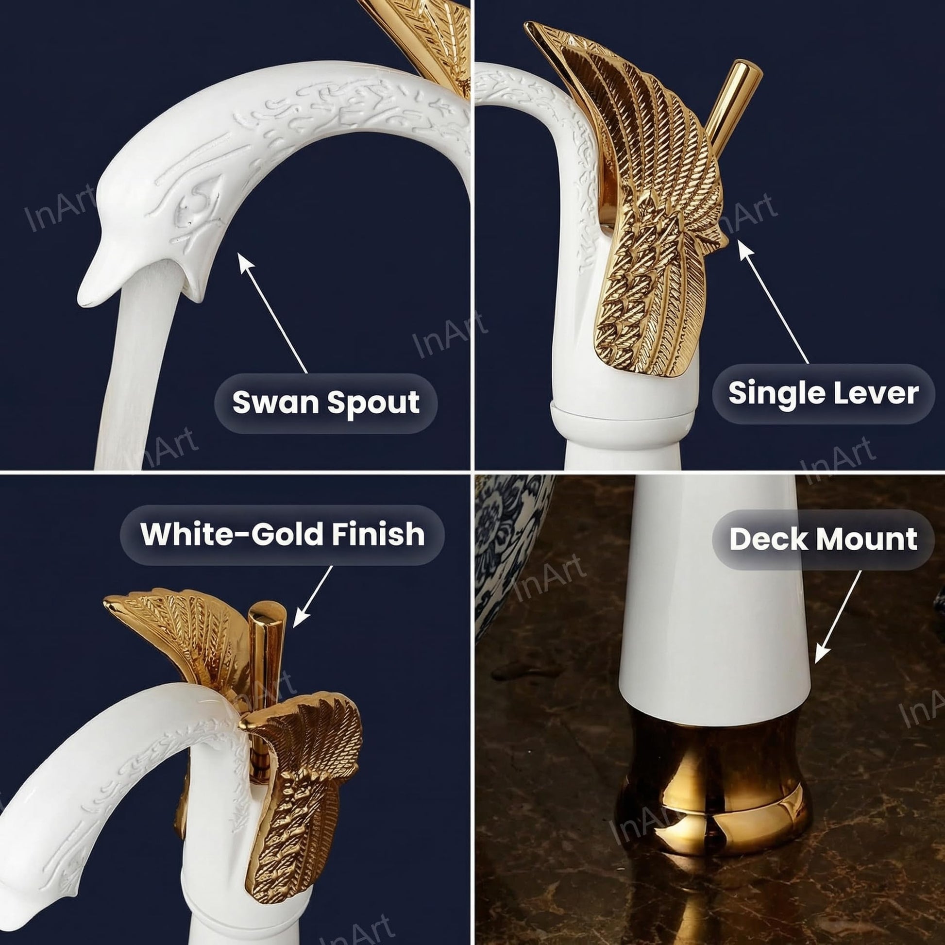 Modern basin tap design with single lever control, swan neck tap for wash basin in white gold, 3/4 view