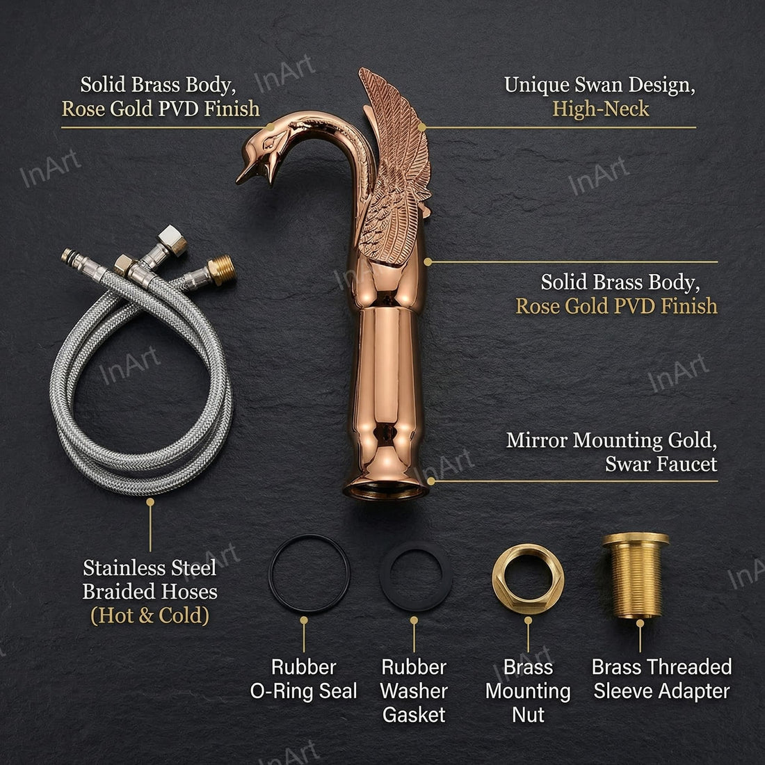 InArt single lever basin mixer in rose gold brass swan neck high neck tap for wash basin, main view