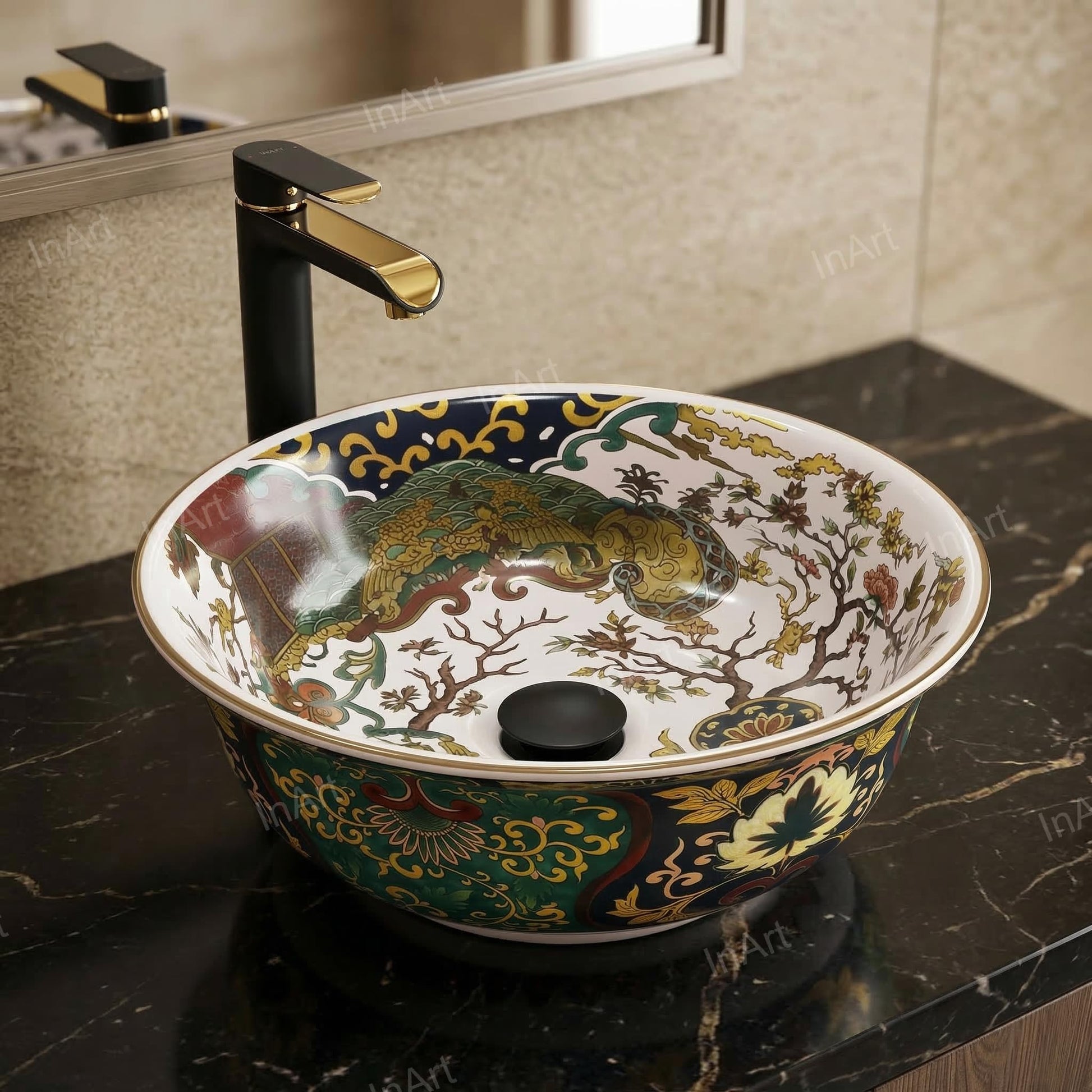 Close-up of multi colour designer pattern on square ceramic table top basin for modern bathroom