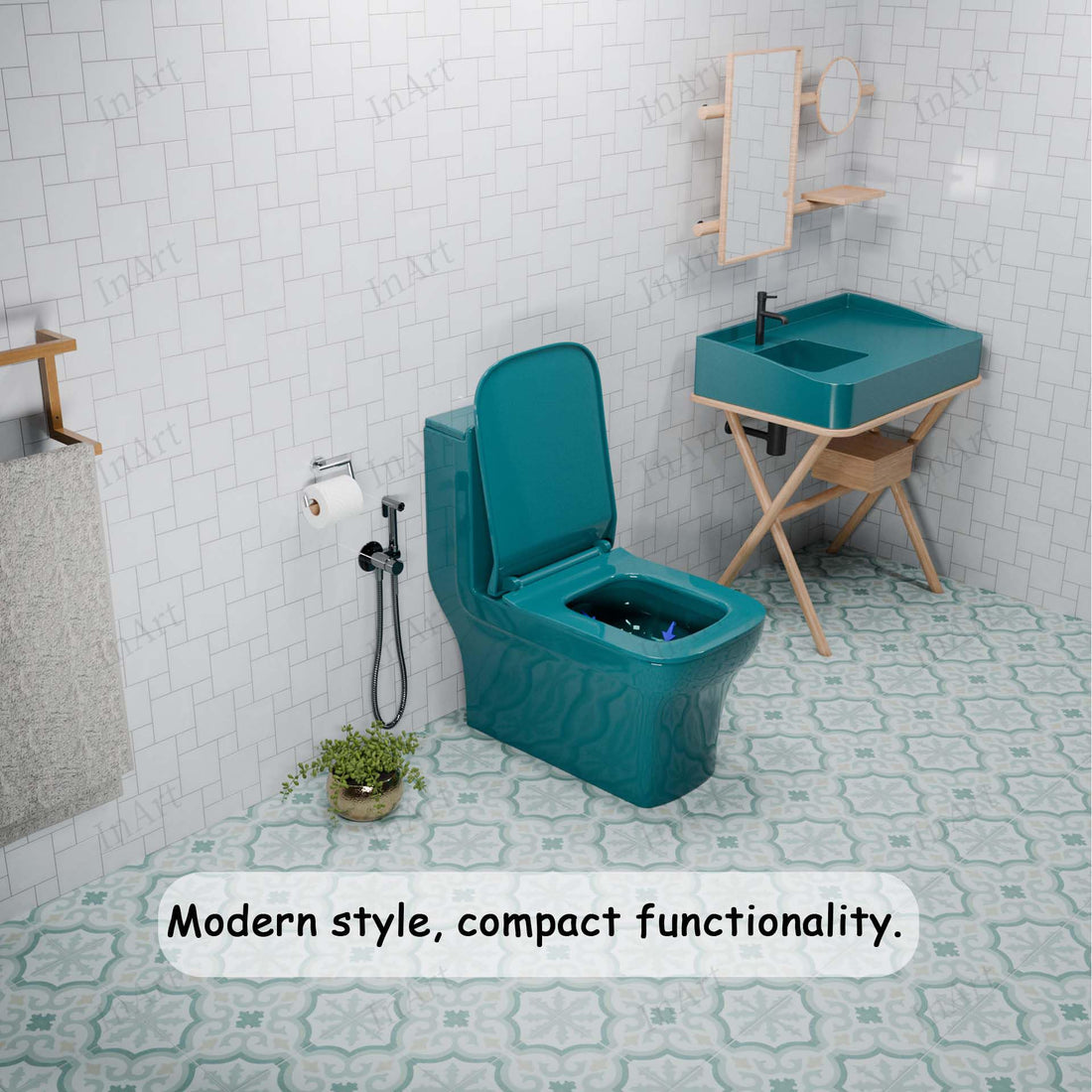 InArt single piece western toilet in green ceramic, rectangular floor mounted commode with soft close seat