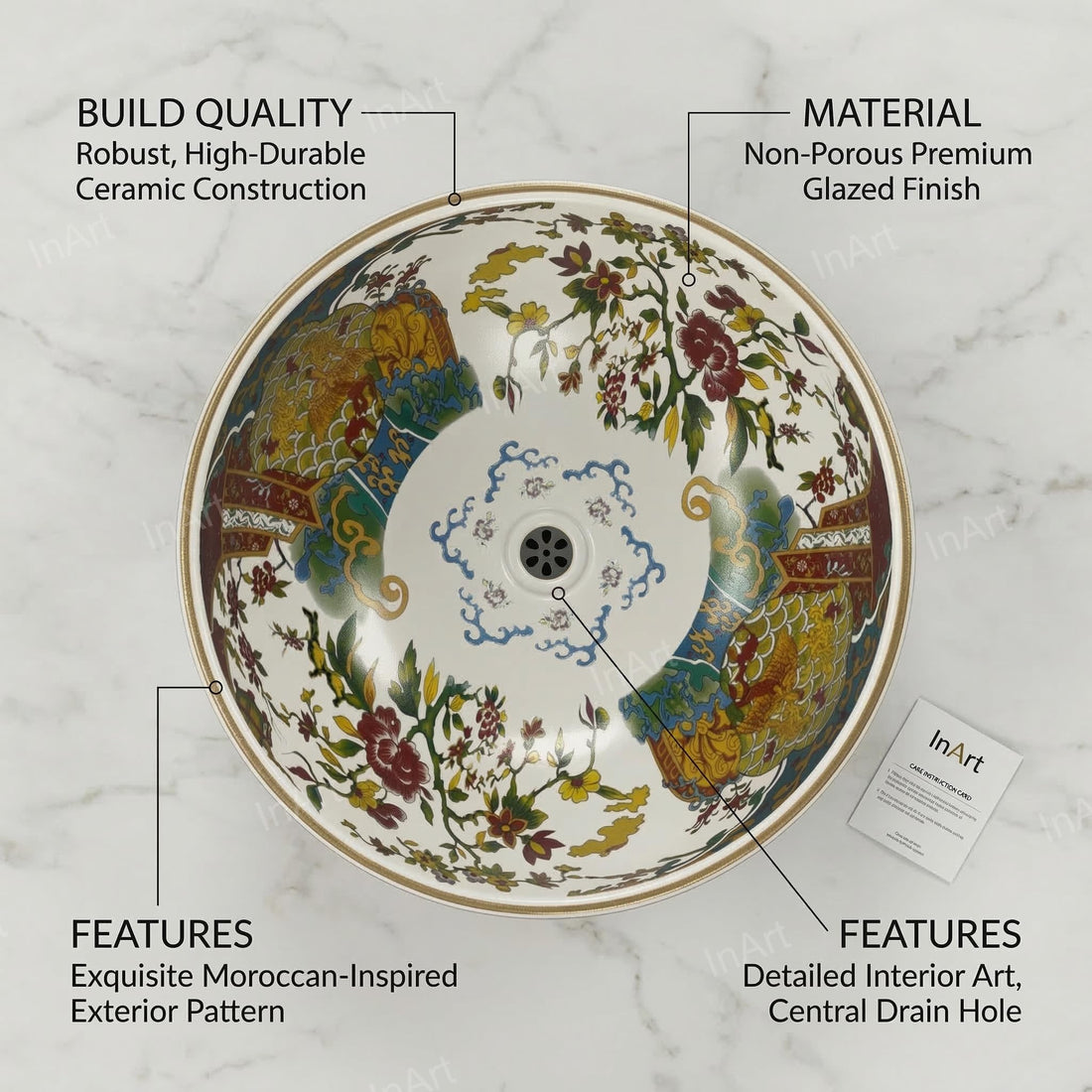 InArt ceramic table top wash basin design, round Moroccan multicolour floral countertop basin