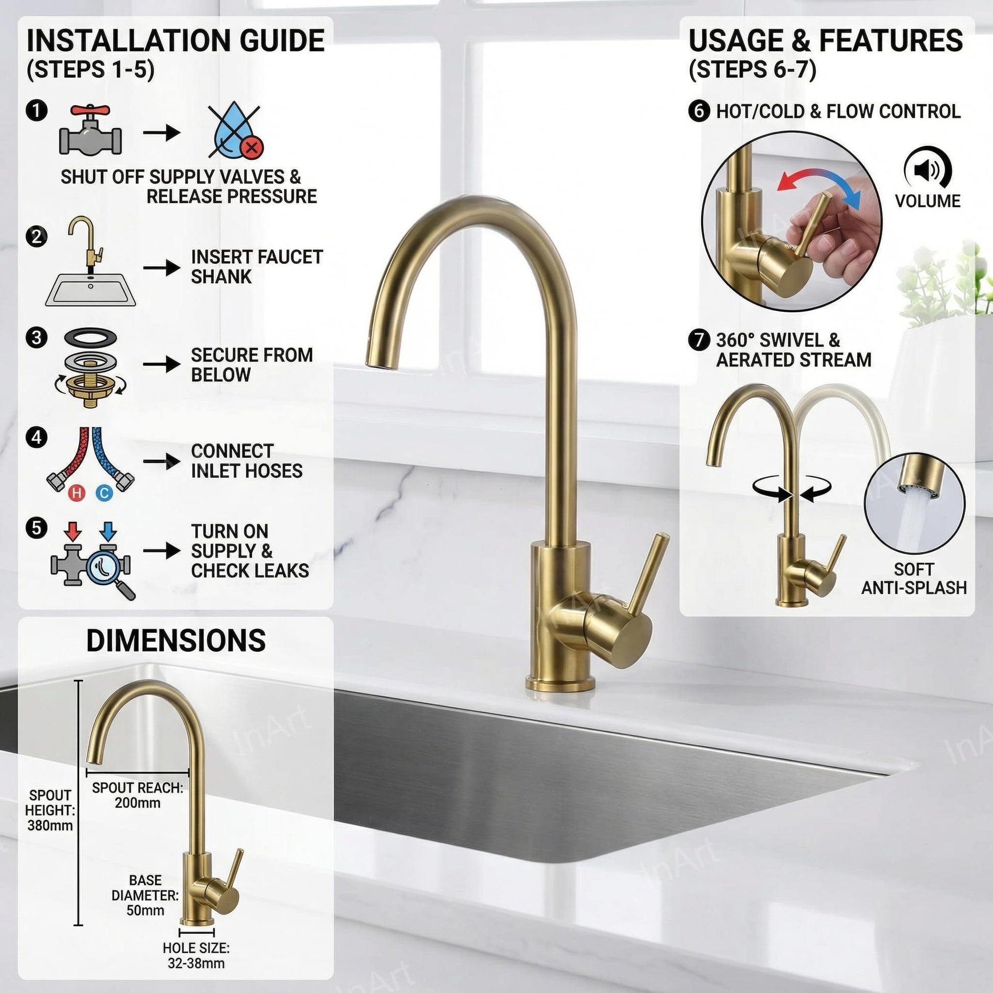 Kitchen tap with pull out spray in brushed gold, stainless steel gooseneck mixer for sink