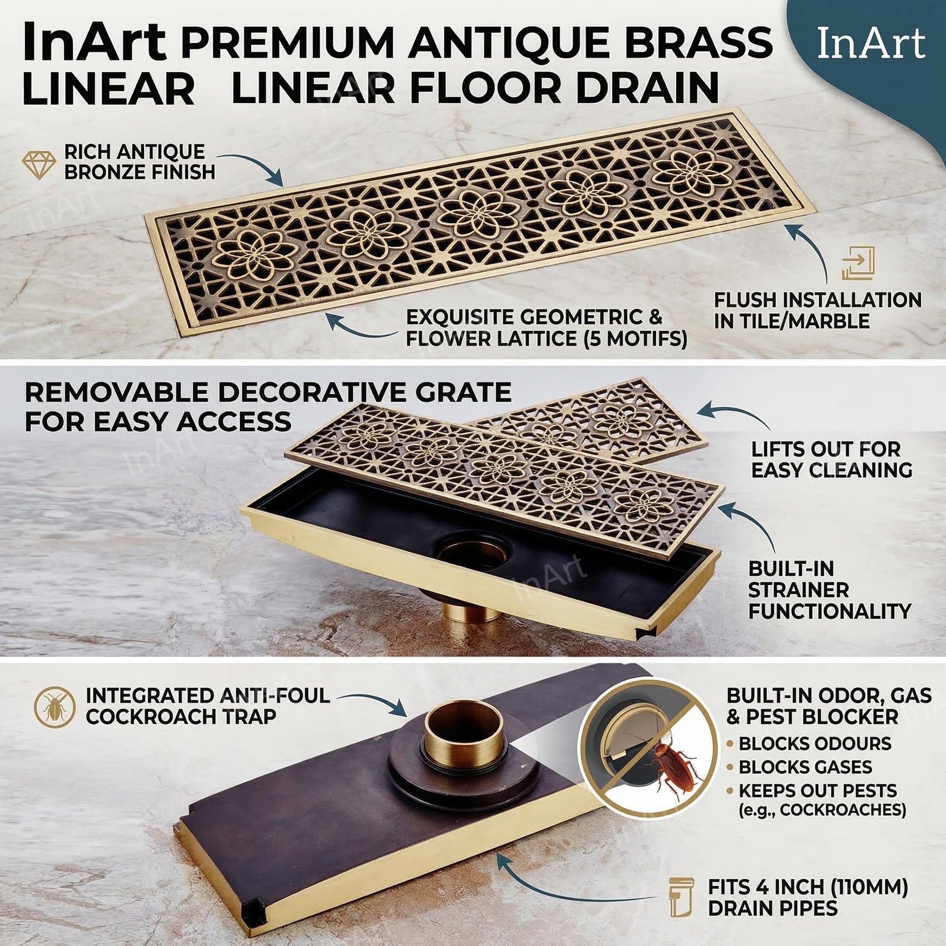 Square brass bathroom floor drain jali with anti-foul cockroach trap, 4 inch pipe fit, side angle